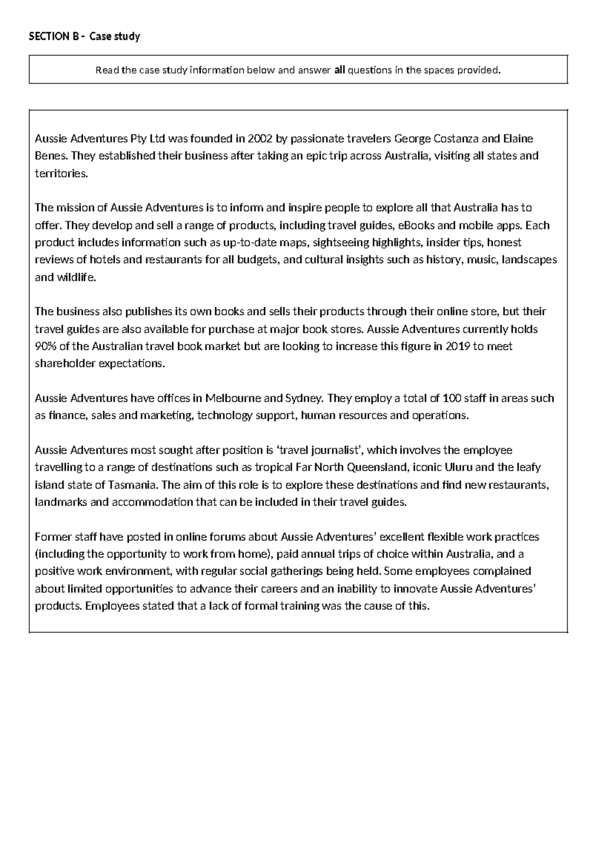 2019 Unit 3 AOS2A SAC - Case Study Analysis of Aussie Adventures - Studocu