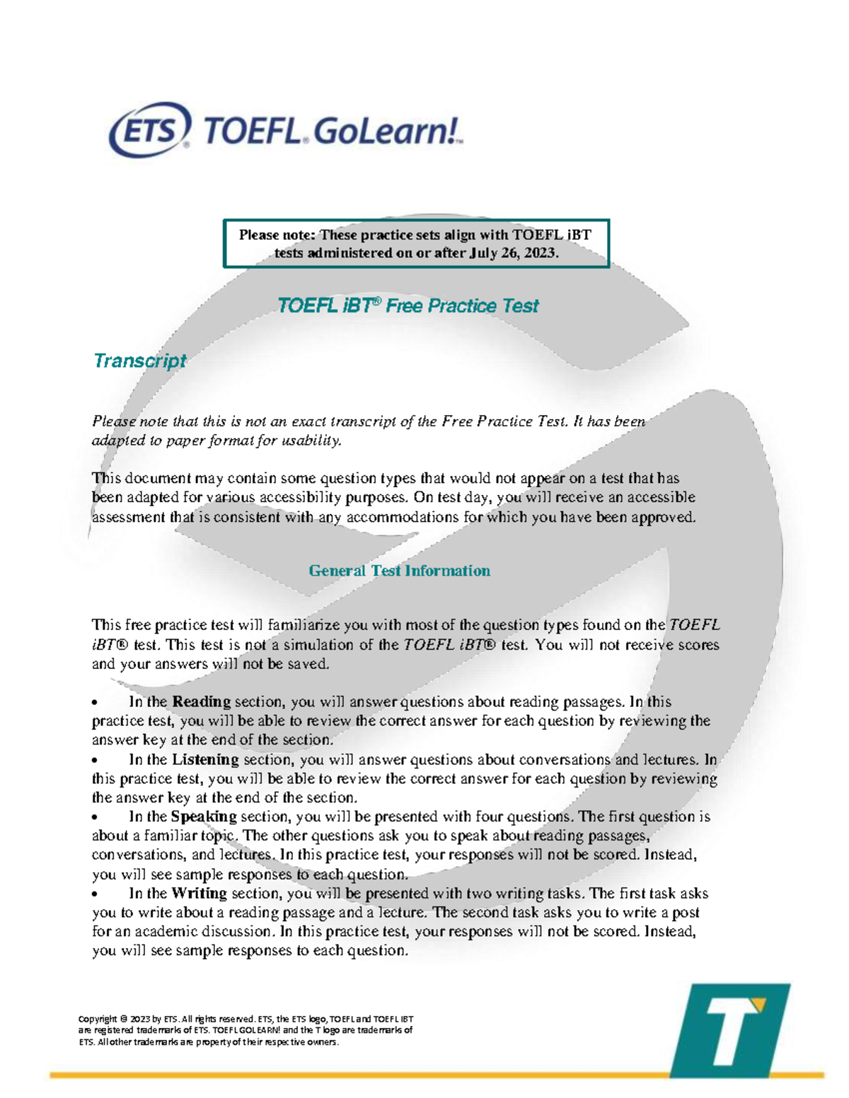 TOEFL iBT Free Practice Test Transcript (Post-July 2023) - Studocu