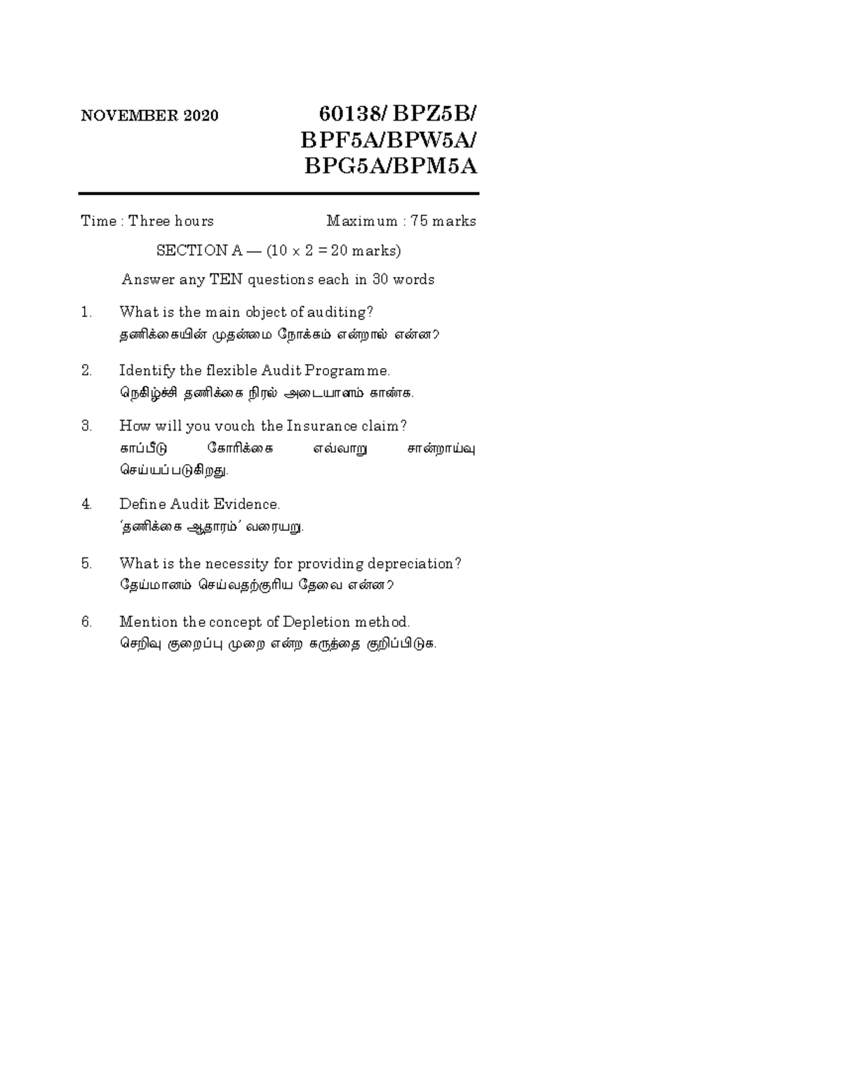 NOV-2020 Auditing Question Paper - 3 Hours, 75 Marks - Studocu