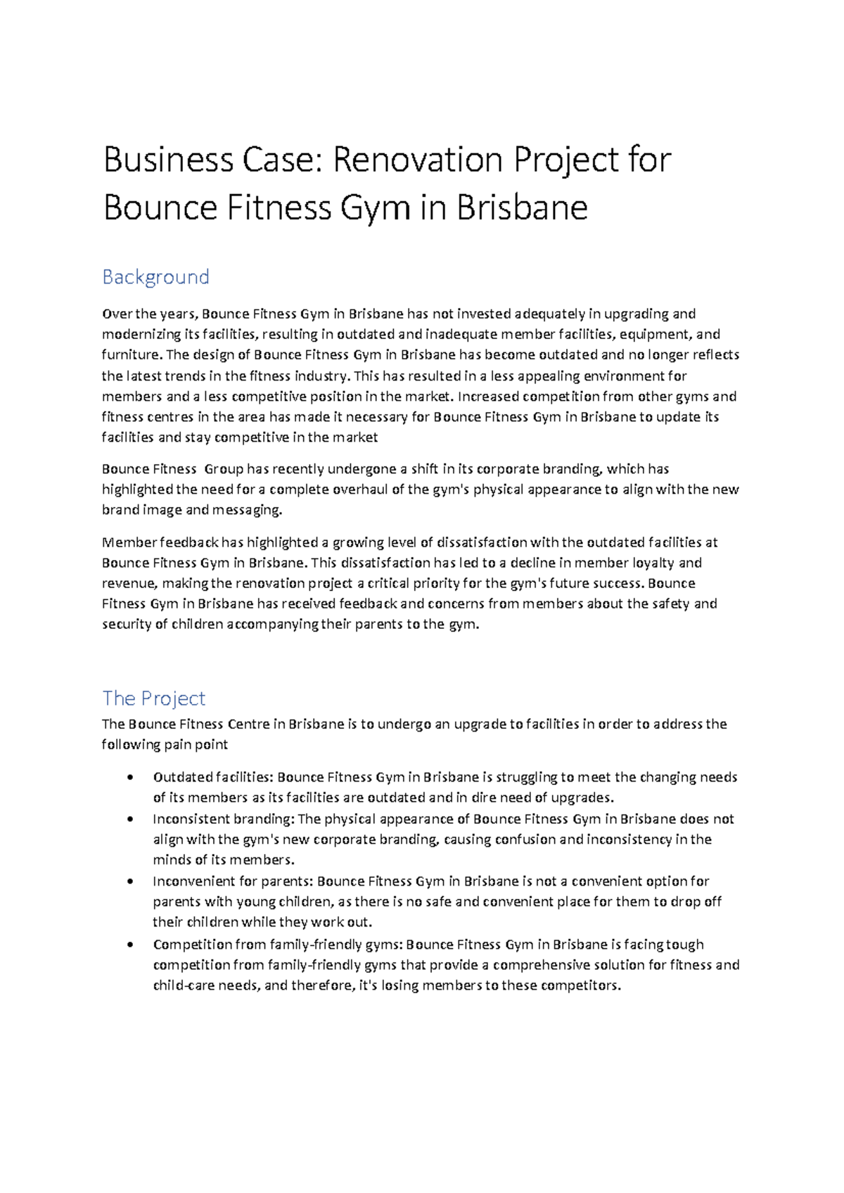 BUS 101: Business Case for Bounce Fitness Gym Renovation in Brisbane ...