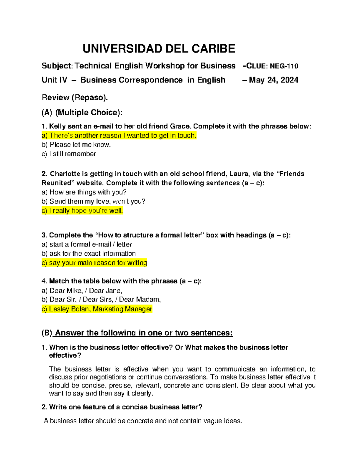 Repaso: Business Correspondence in English - CLUE: NEG-110 - Studocu