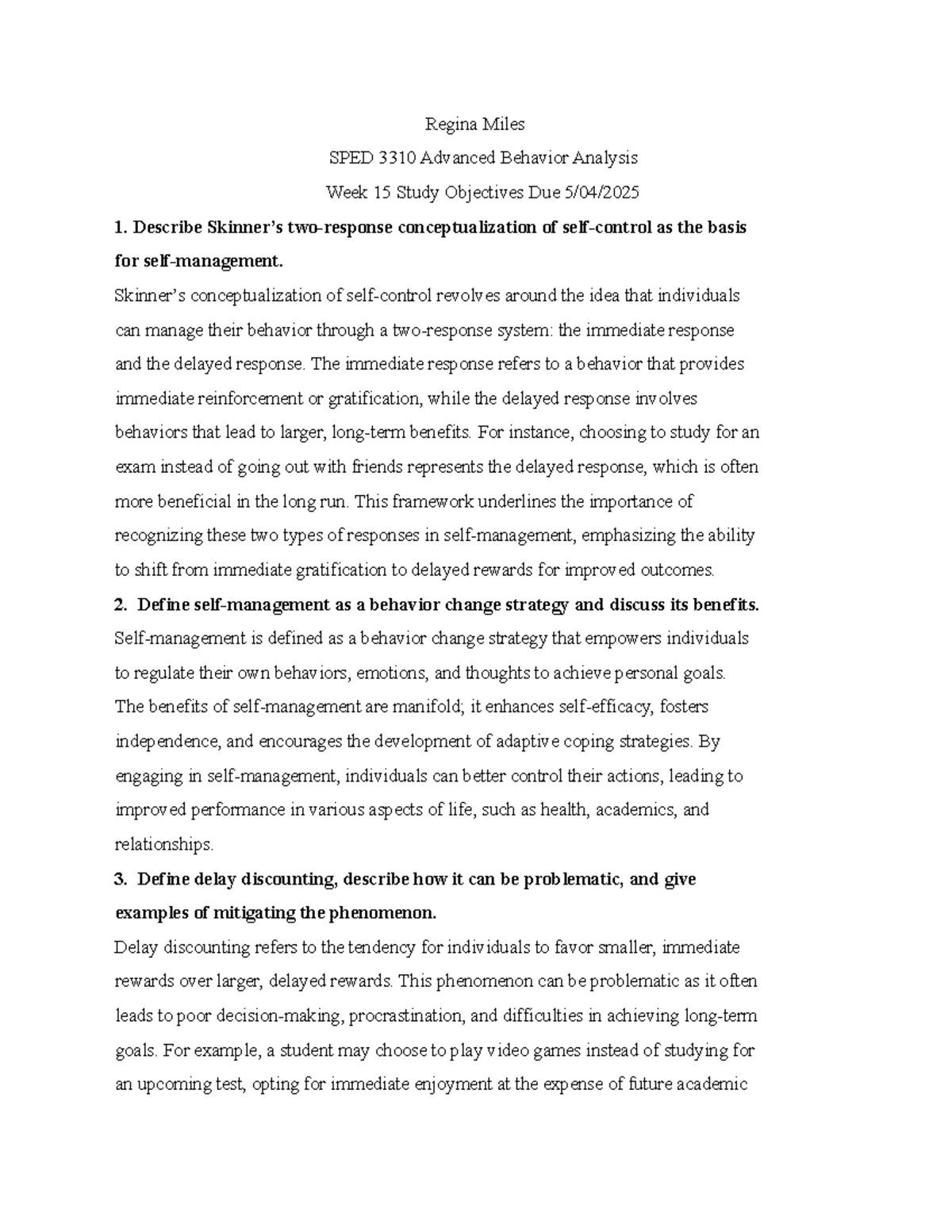 SPED 3310 Advanced Behavior Analysis Week 15 Study Objectives - Studocu