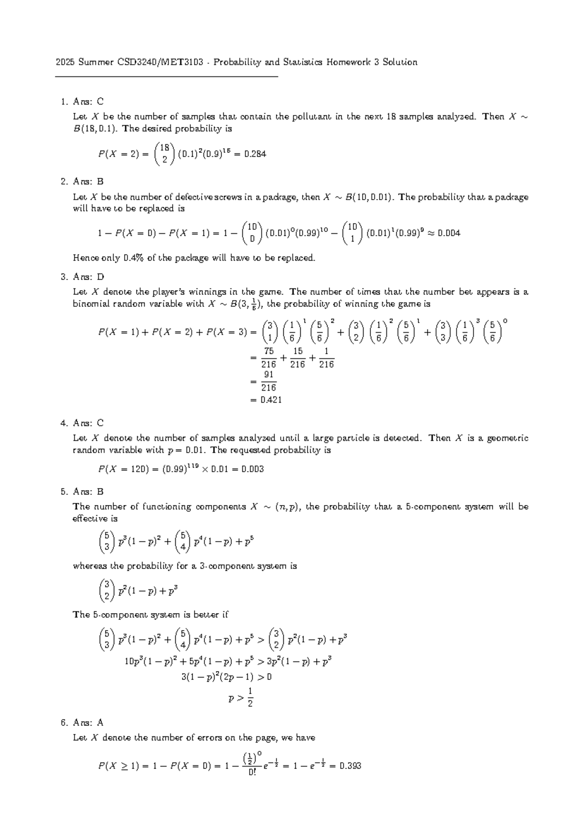 2025 Summer Prob & Stats Homework 3 Solutions and Explanations - Studocu