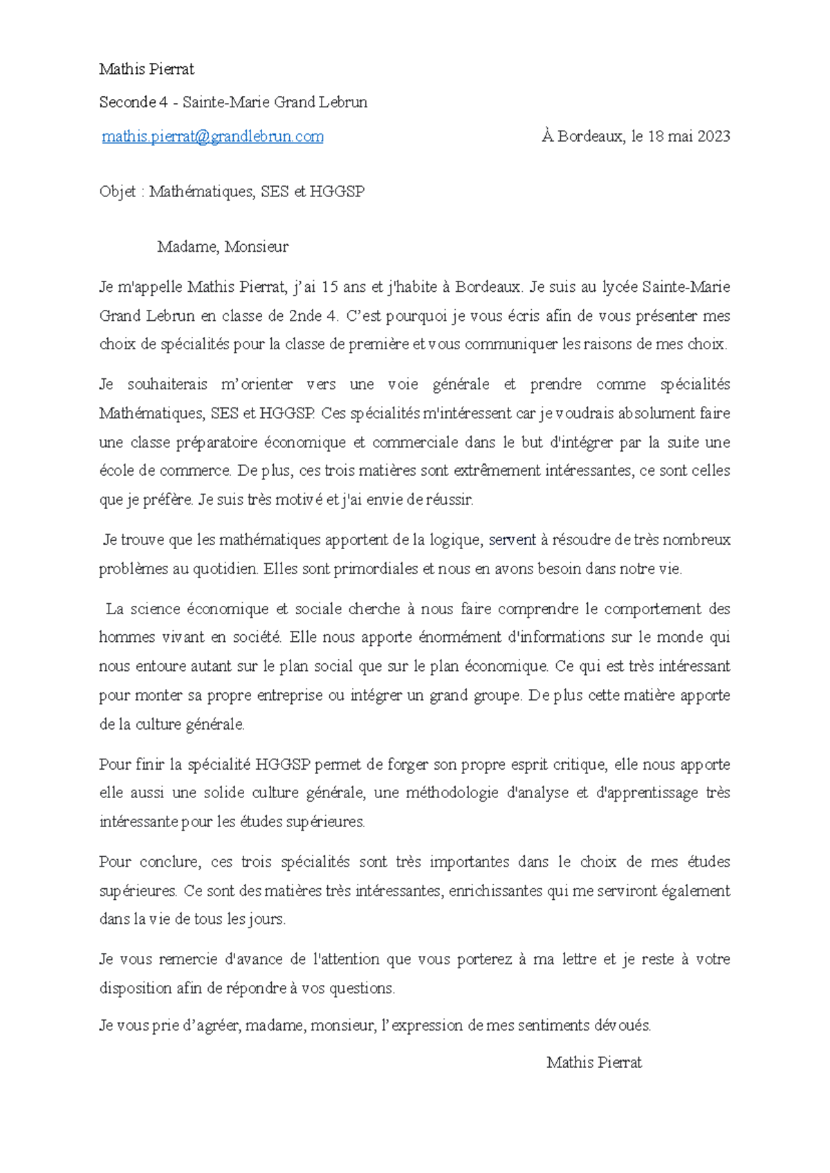 Lettre de motivation pour spécialités 1ère Mathématiques, SES, HGGSP — free download
