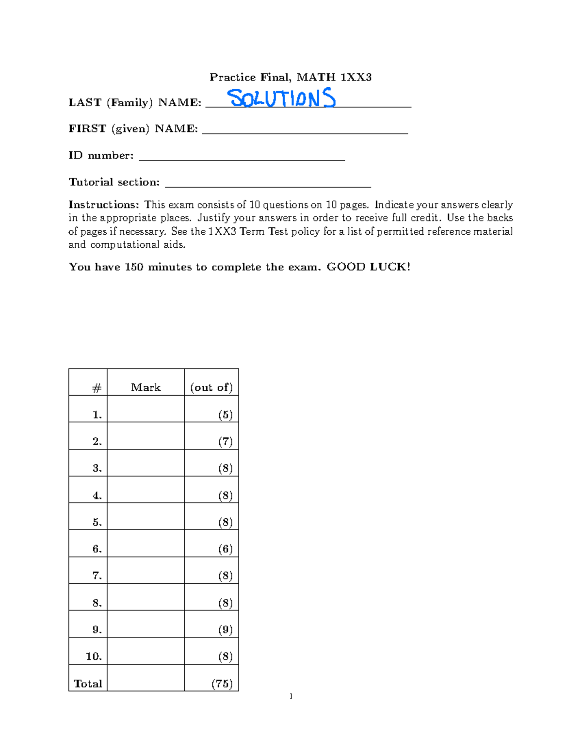 MATH 1XX3 Practice Final Exam Solutions and Instructions - Studocu