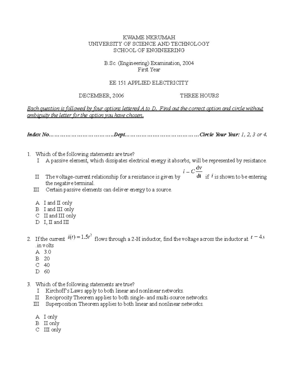 EE151E-5: Past Examination Questions on Applied Electricity - Studocu