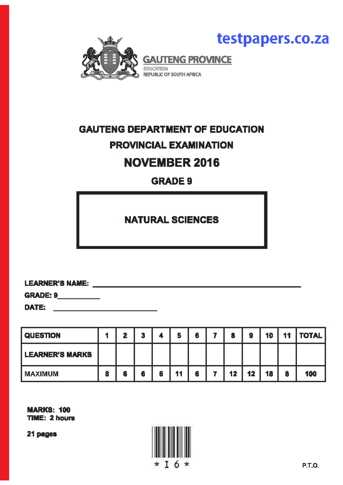 GR9 NATURAL SCIENCES NOV 2016 PROVINCIAL EXAM QUESTION PAPER - Studocu