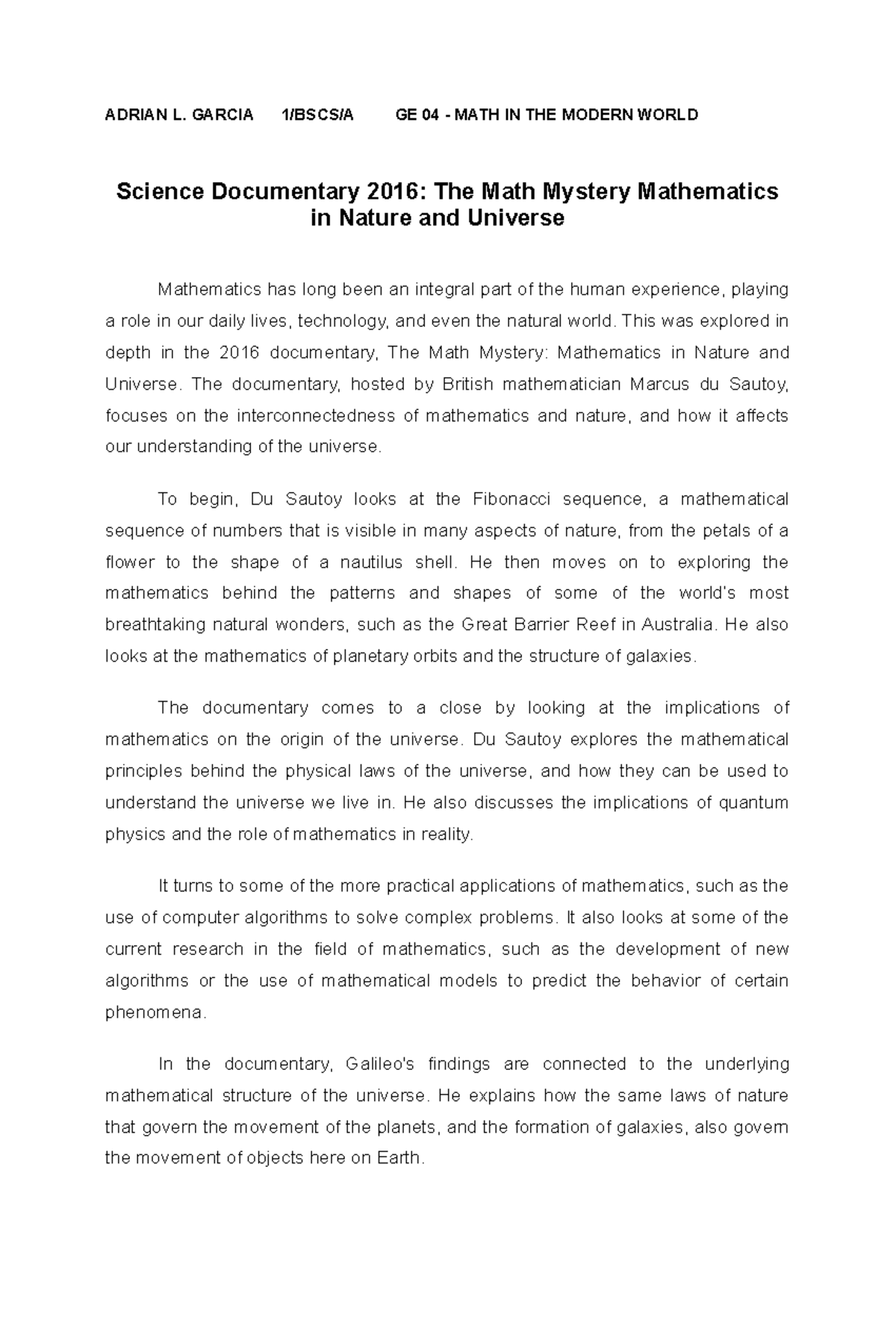Essay IN MATH IN Nature - ADRIAN L. GARCIA 1/BSCS/A GE 04 - MATH IN THE ...