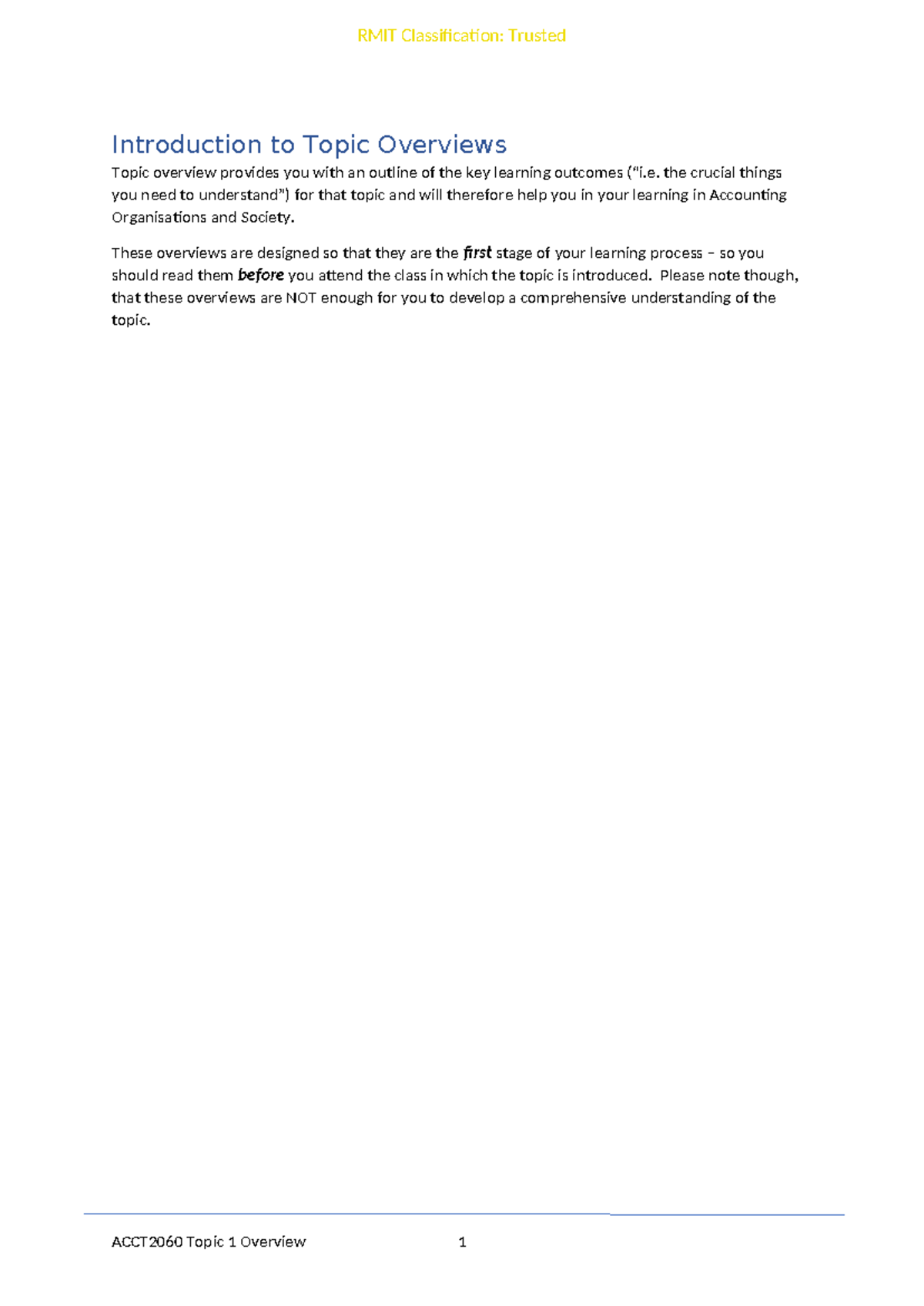ACCT2060 Topic 1 Overview: Introduction to Accounting Concepts - Studocu