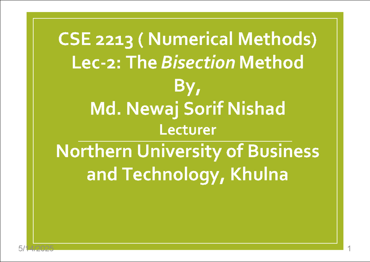 CSE 2213 Lecture 2: The Bisection Method in Numerical Methods - Studocu