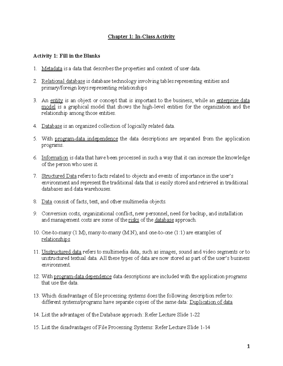 Chapter 1: In-Class Exercise 1 Solutions for Database Concepts - Studocu