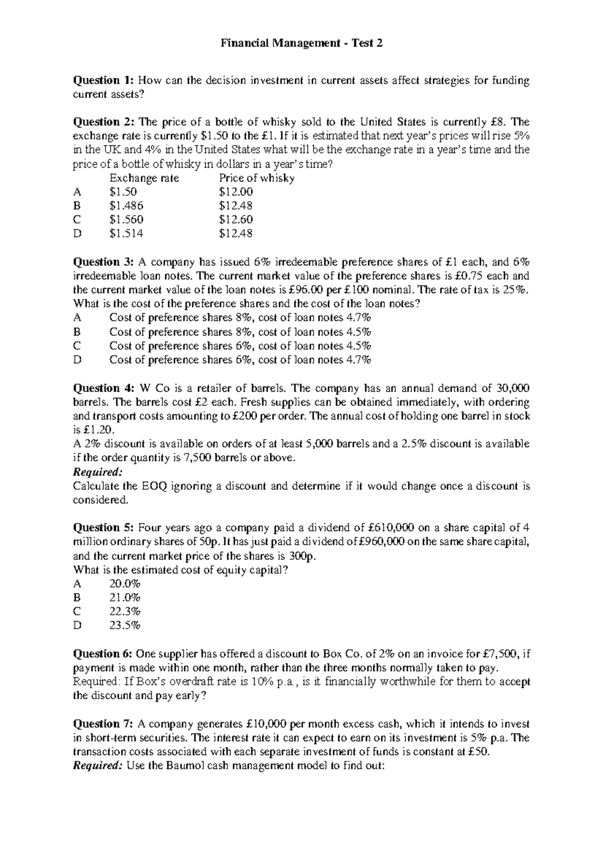 FM ACCA Test 2: Financial Management Questions and Analysis - Studocu
