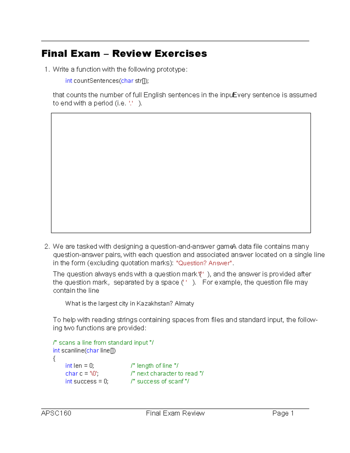F1 2020w1 - Final Exam – Review Exercises 1. Write a function with the ...