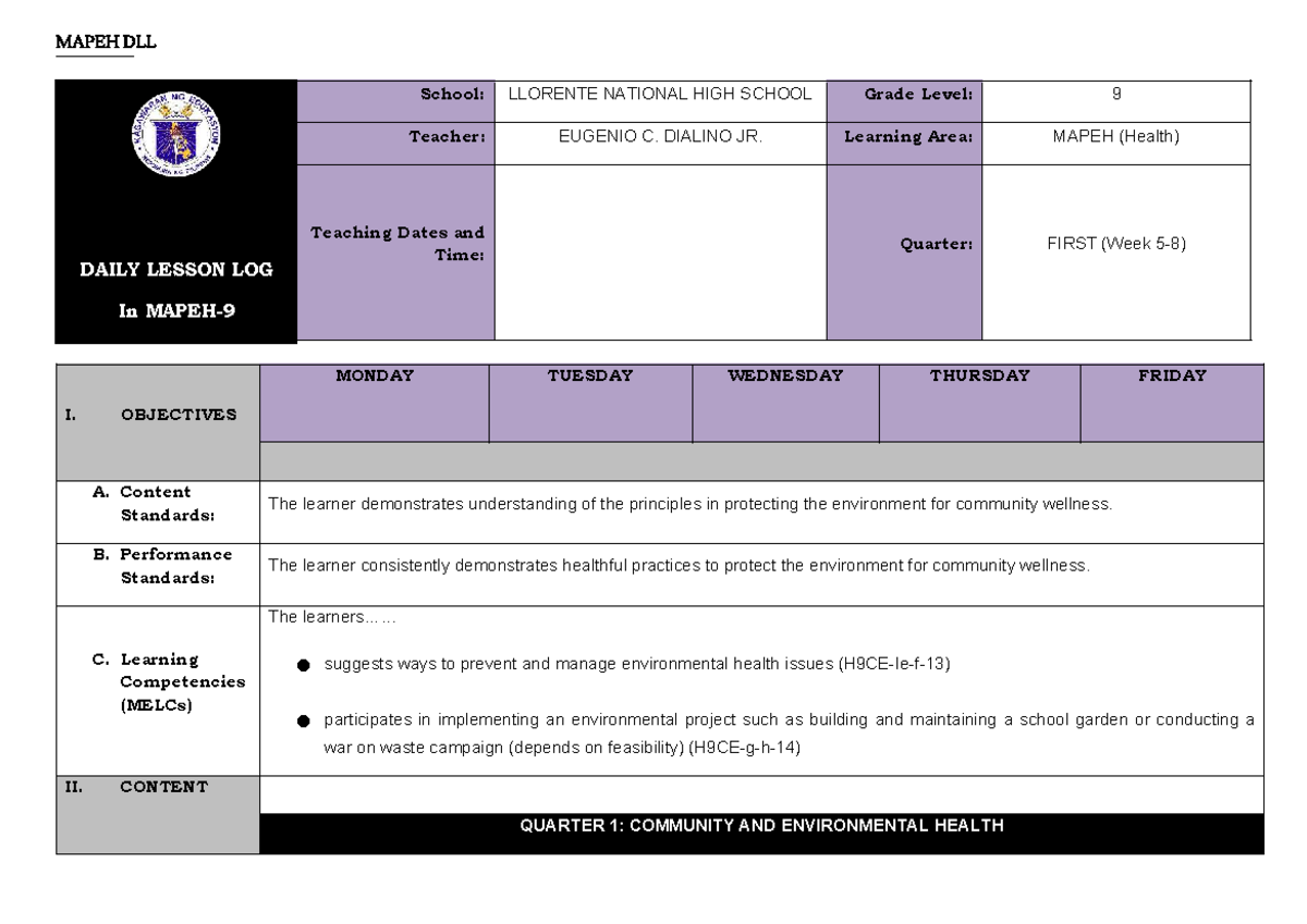 Q1 DLL - MAPEH 9 Health Daily Lesson Log - Studocu