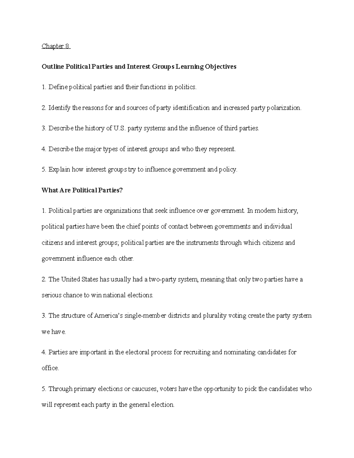 Chapter 8 - Political Parties and Interest Groups Lecture Notes Summary ...