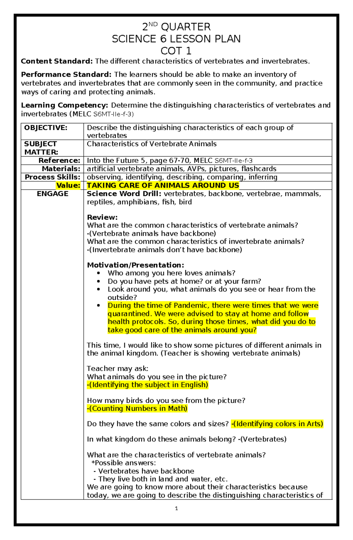 SCIENCE 6 COT 1: Characteristics of Vertebrate Animals Lesson Plan ...