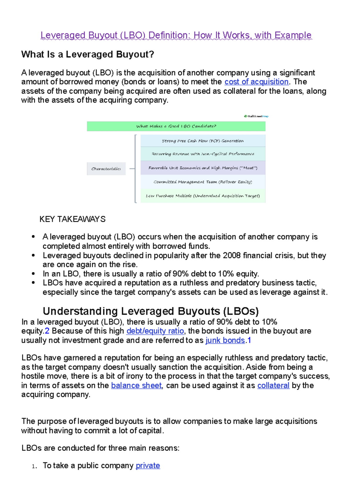 MBA Finance: Overview and Summary of Leveraged Buyouts (LBOs) - Studocu