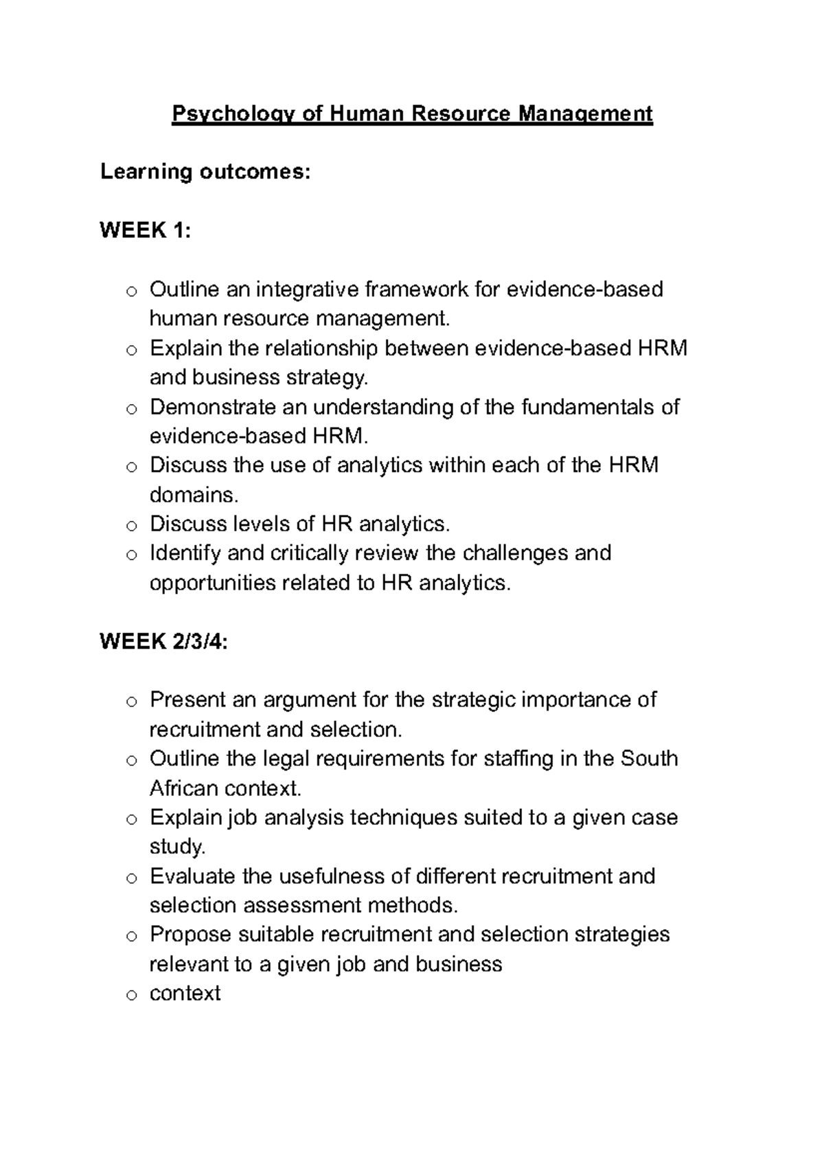 HRM 101: Outline for Human Resource Management Test - Studocu