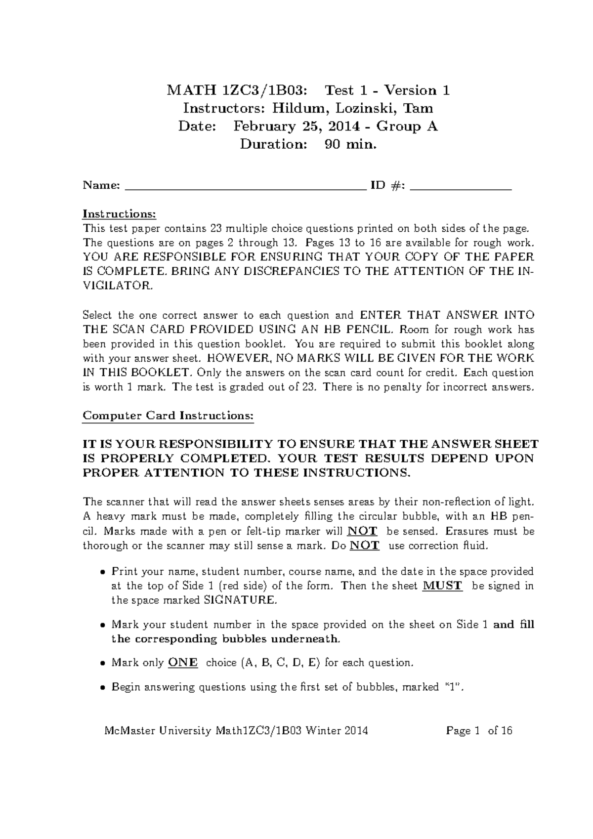 MATH 1 Test 1 Practice - Version A - February 2014 - Studocu