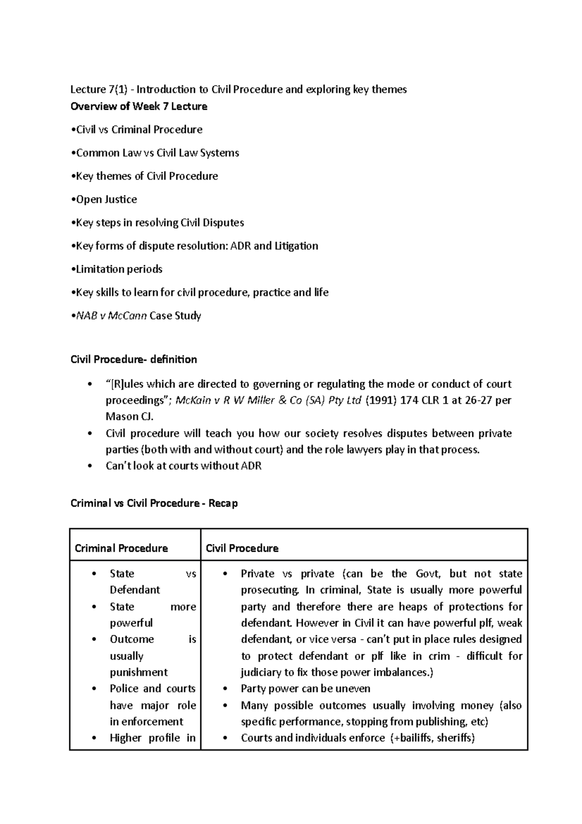 Civil procedure week 7 lecture notes - Lecture 7(1) - Introduction to ...