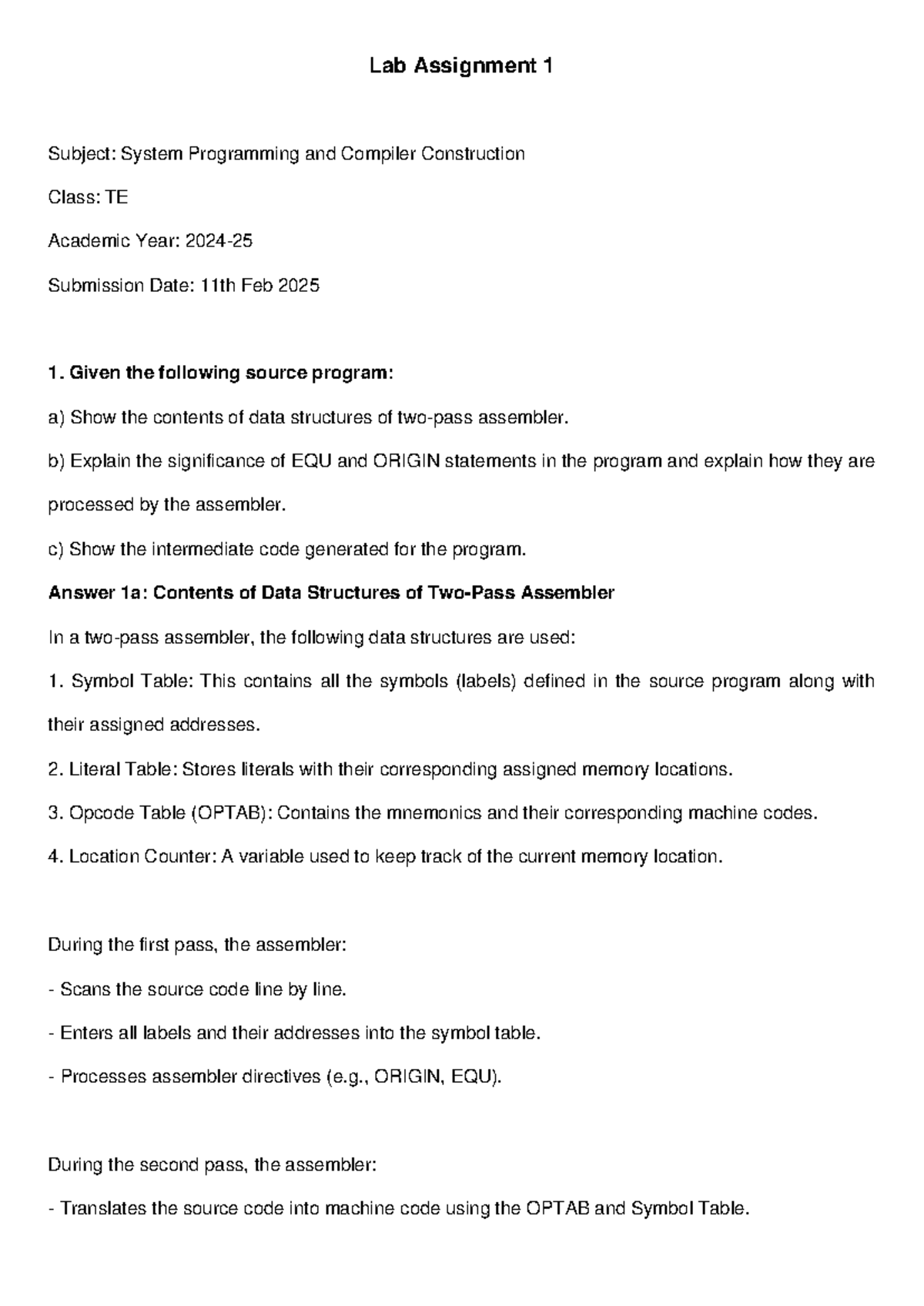 Lab Assignment 1 Solution - System Programming TE 2024 - Studocu