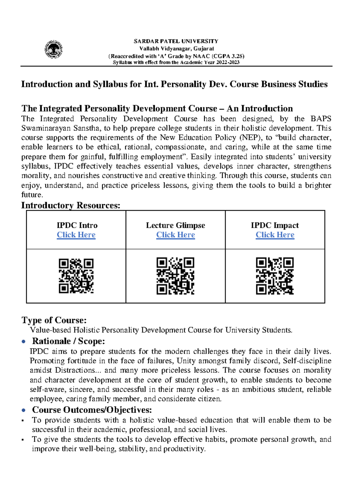 UB03SCOM77 Syllabus for Integrated Personality Development I - Studocu