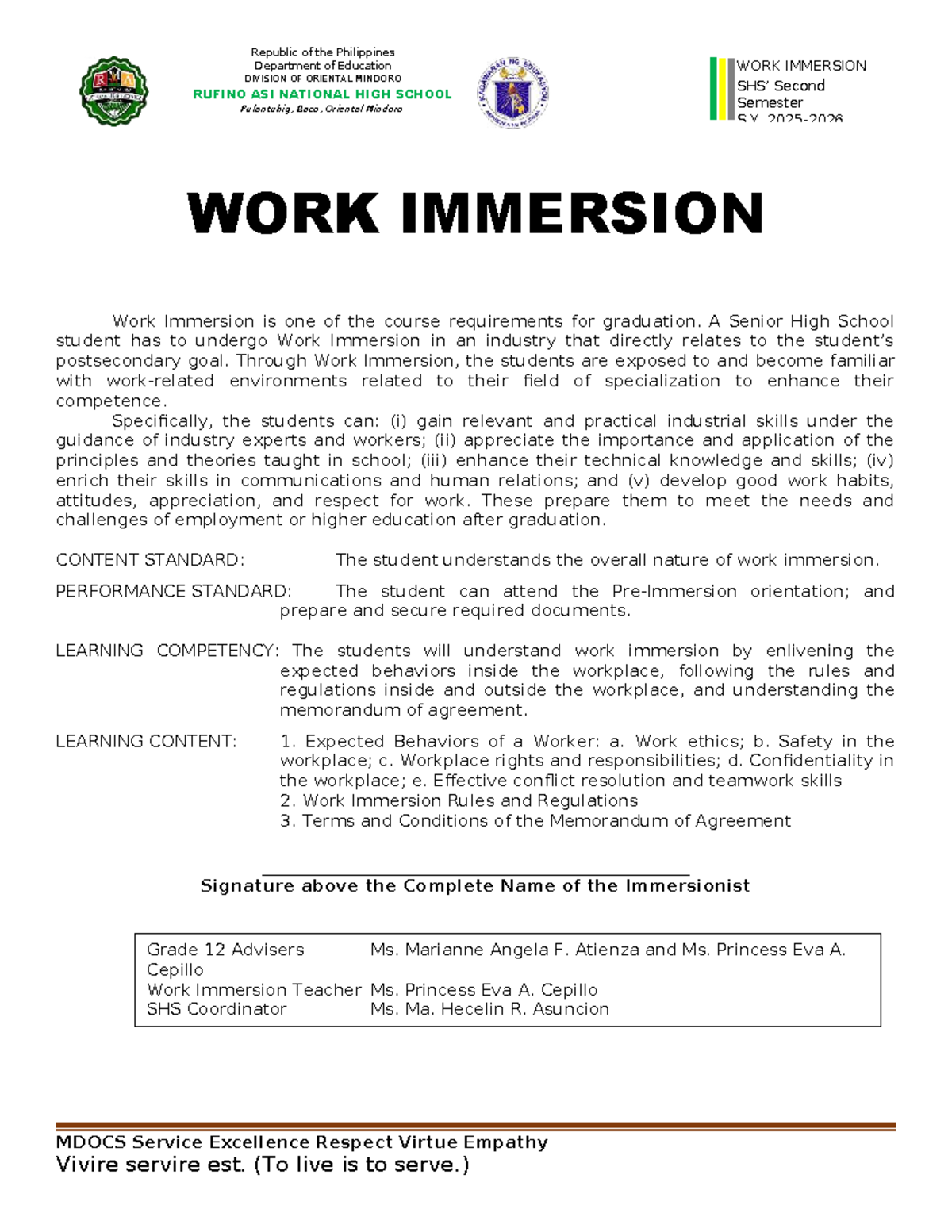 G12 Work Immersion Learning Module: Skills and Professionalism - Studocu
