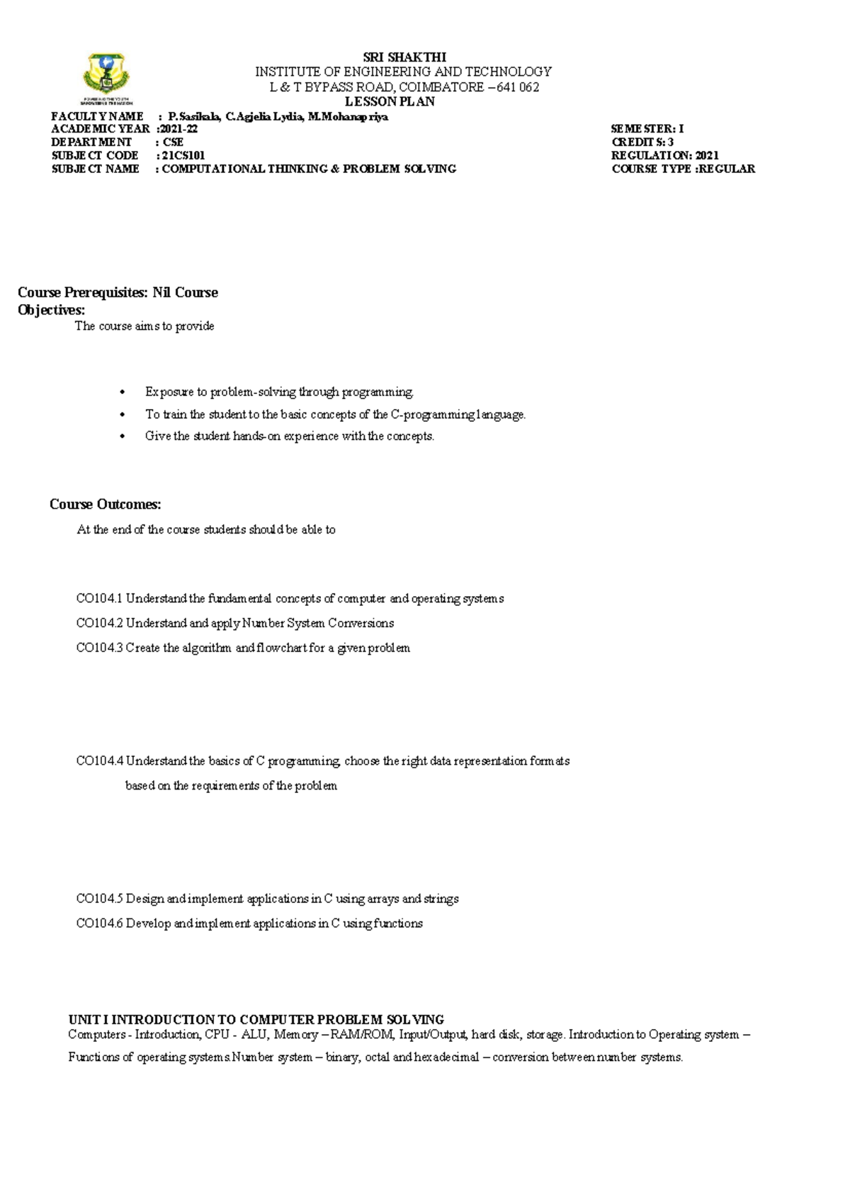 CTPS Lesson Plan 2023: Computational Thinking & Problem Solving - Studocu