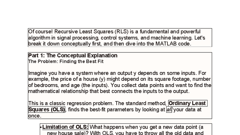 RLS Algorithm in Signal Processing: Concepts & MATLAB Code - Studocu