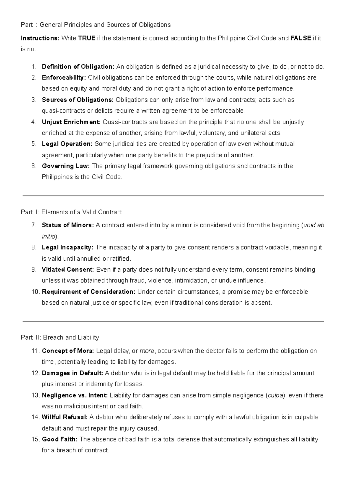 Philippine Civil Code: General Principles & Obligations Quiz - Studocu