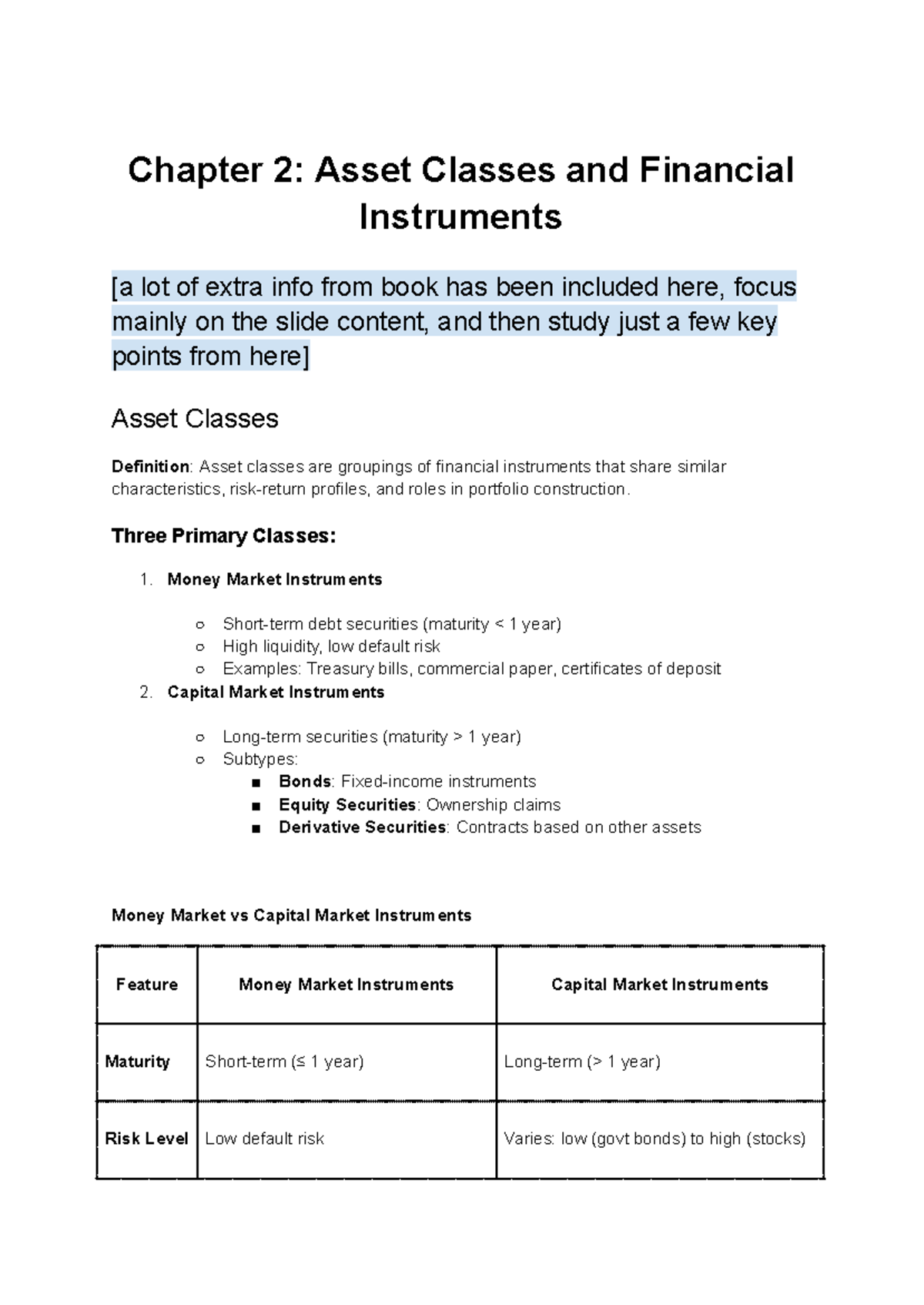 Chapter 2: Asset Classes & Financial Instruments - IM Notes - Studocu