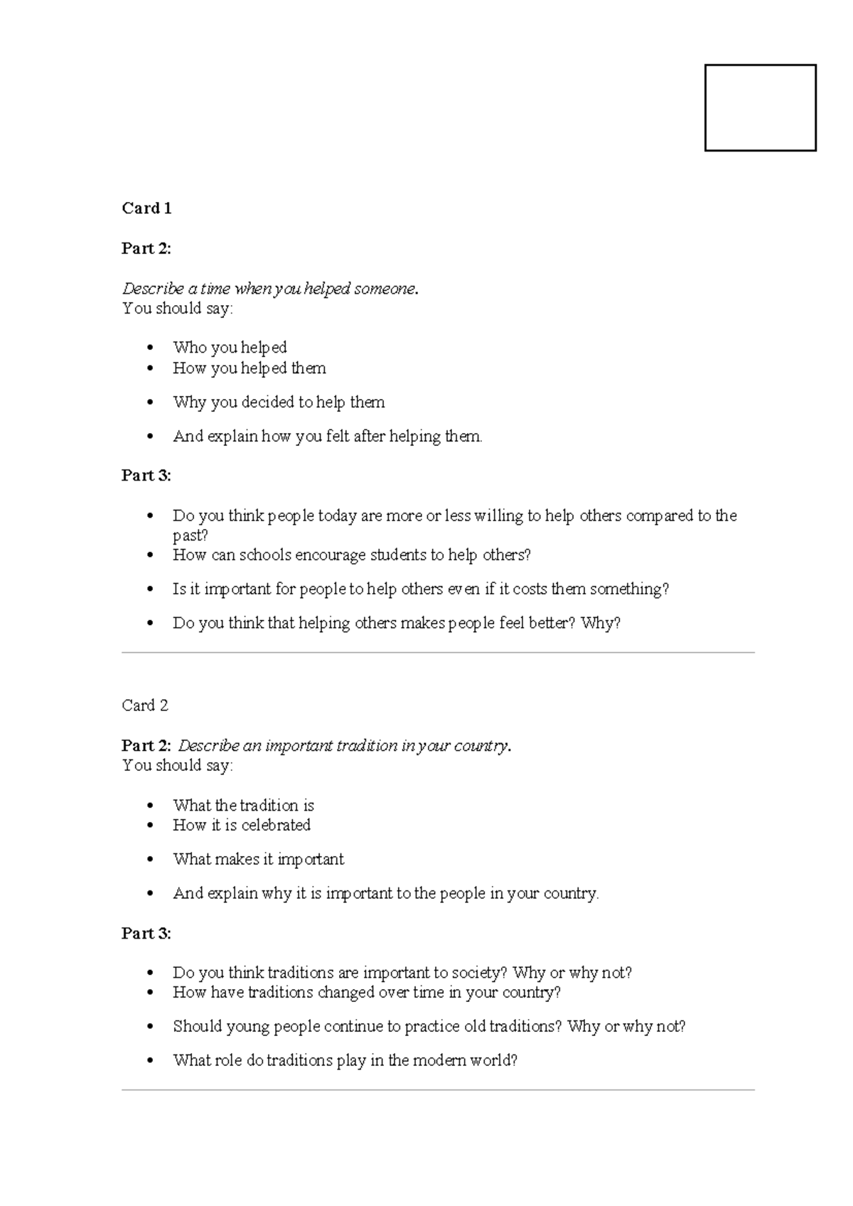 Speaking Cards: Part 2 & 3 Topics for Discussion - Studocu