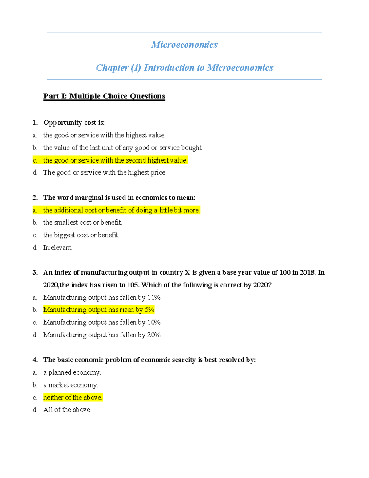 Microeconomics Chapter 1: Multiple Choice & True/False Questions - Studocu