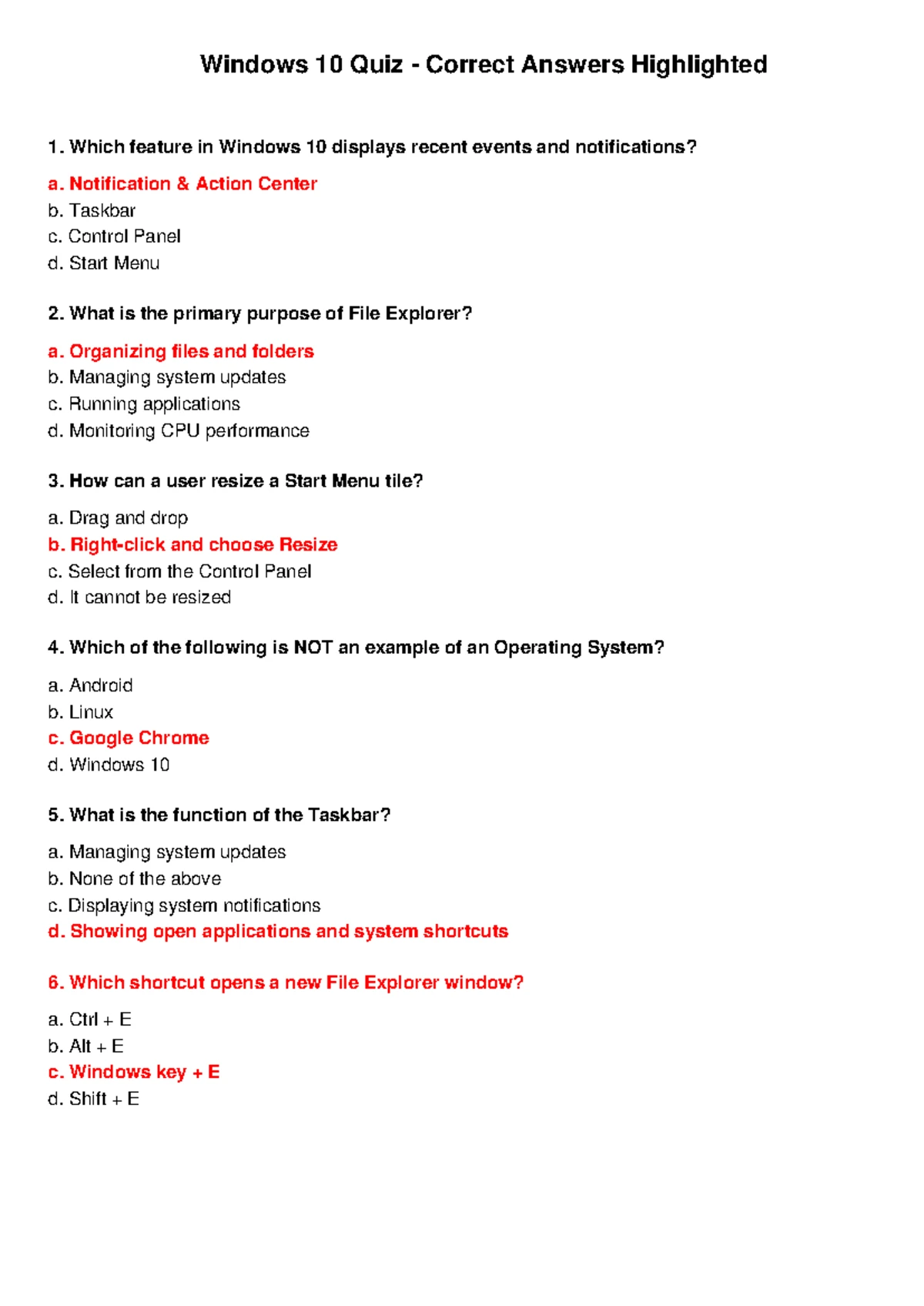 Windows 10 Quiz Correct Answers Highlighted - Windows 10 Quiz - Correct ...