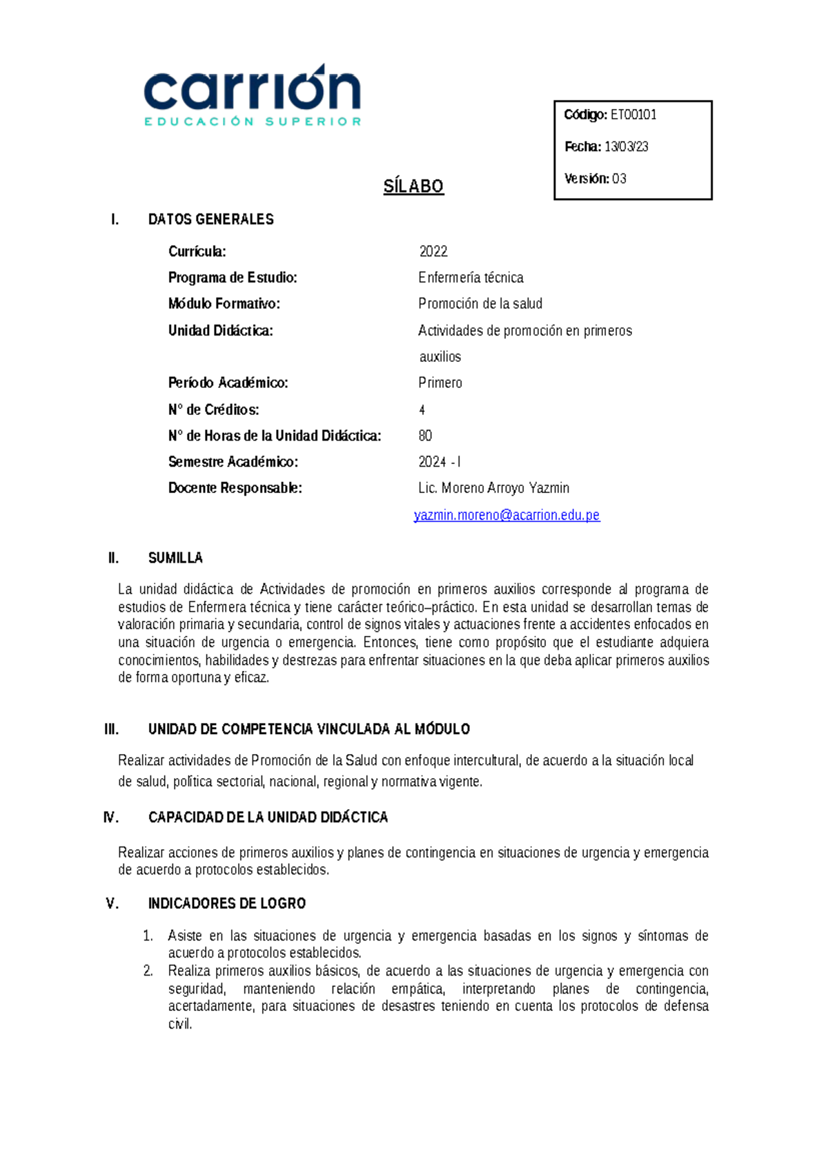 Sílabo de Actividades de Promoción en Primeros Auxilios - ET 2024 I - Document Preview