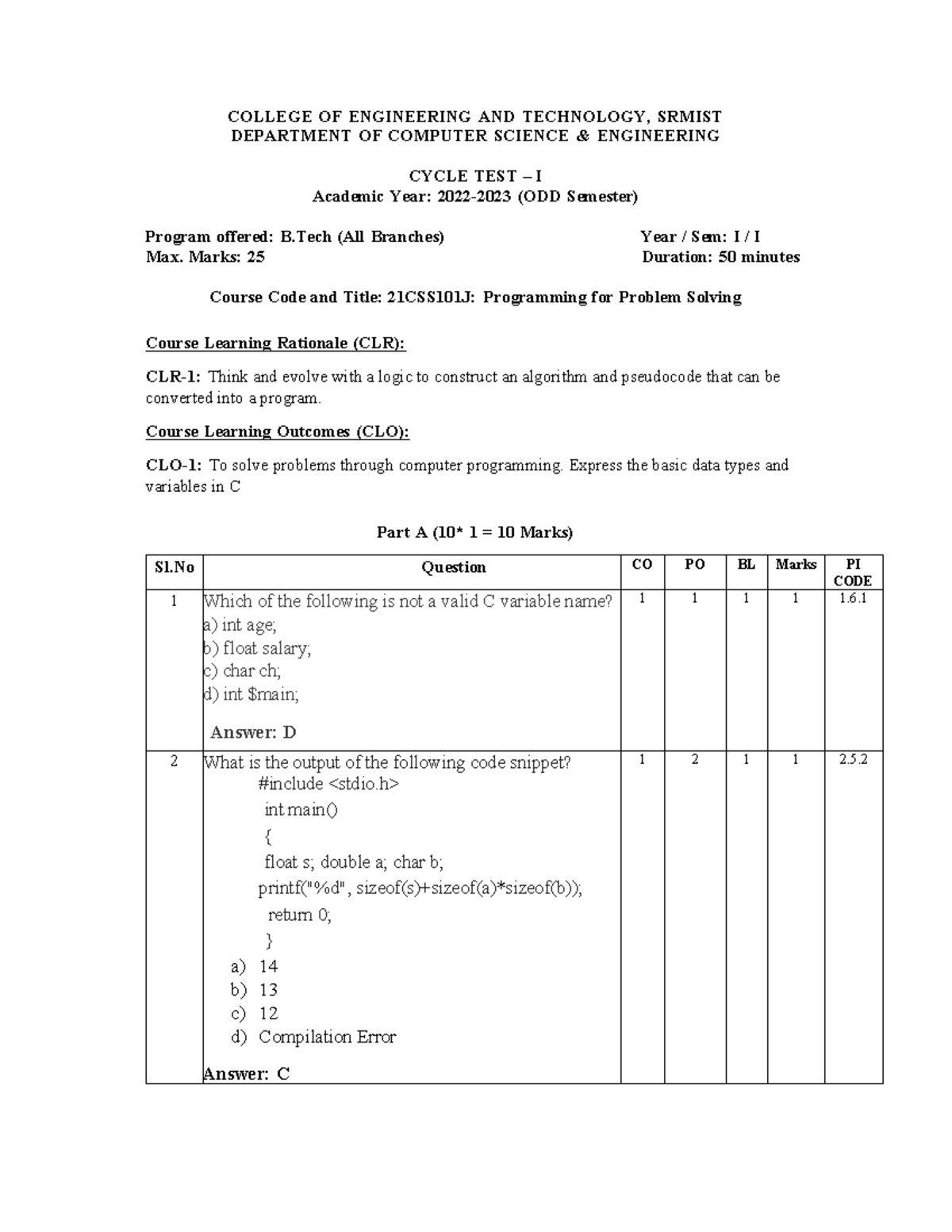 Pps ct 1 set 4 - Pyqs for CT - COLLEGE OF ENGINEERING AND TECHNOLOGY ...