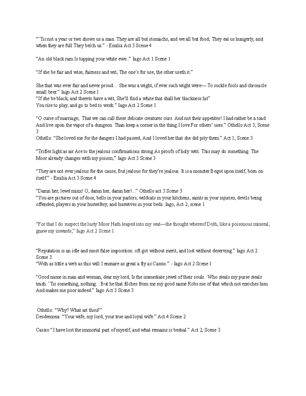 Othello Notes: Key Quotes and Analysis from Acts 1-4 - Studocu