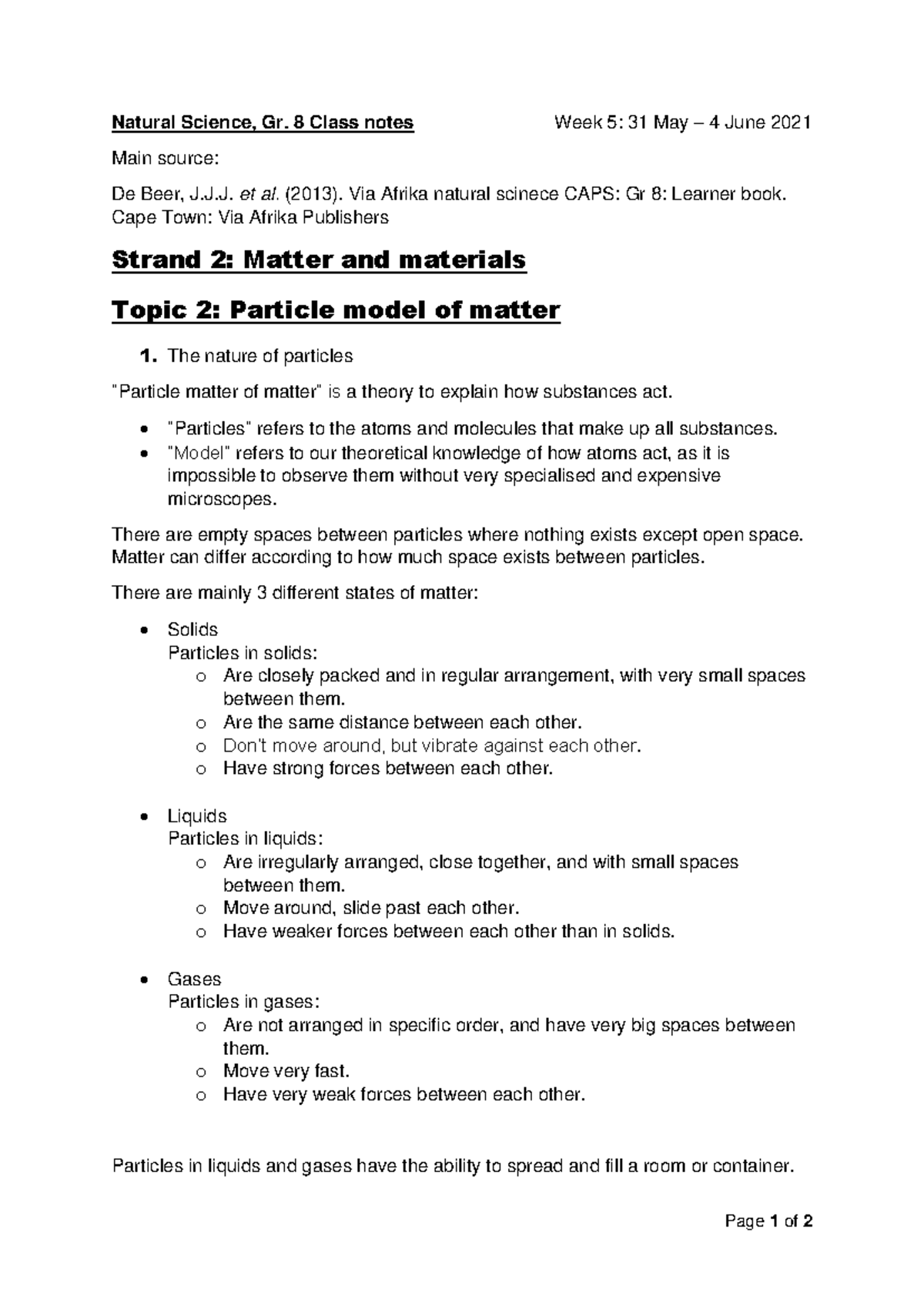 Natural Science Gr. 8 Class Notes: Particle Model of Matter - Studocu