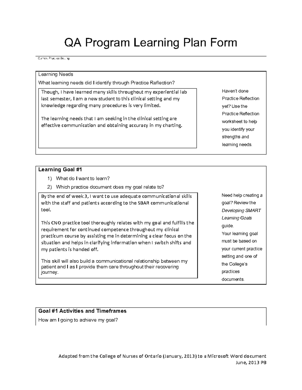 QA Learning Plan for Clinical Practicum: Communication & Charting ...