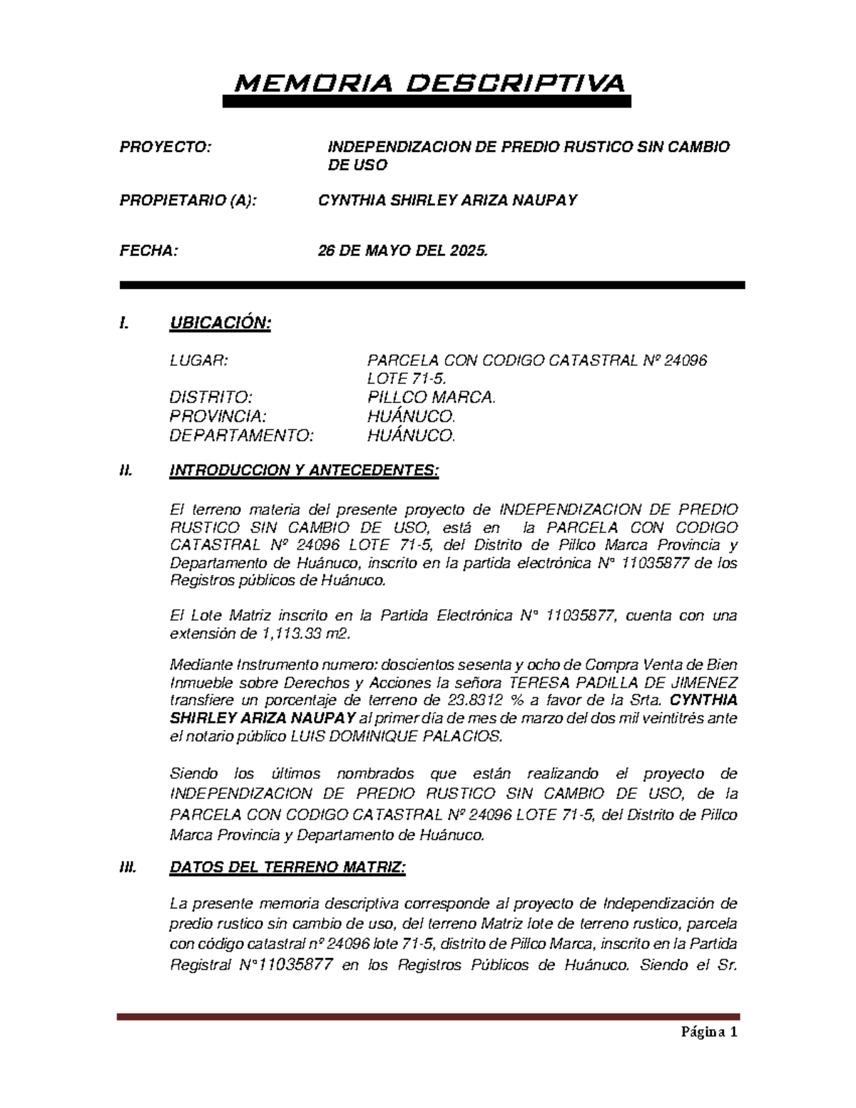 Memoria Descriptiva del Proyecto de Independización de Predio Rústico - Cód. - Document Preview