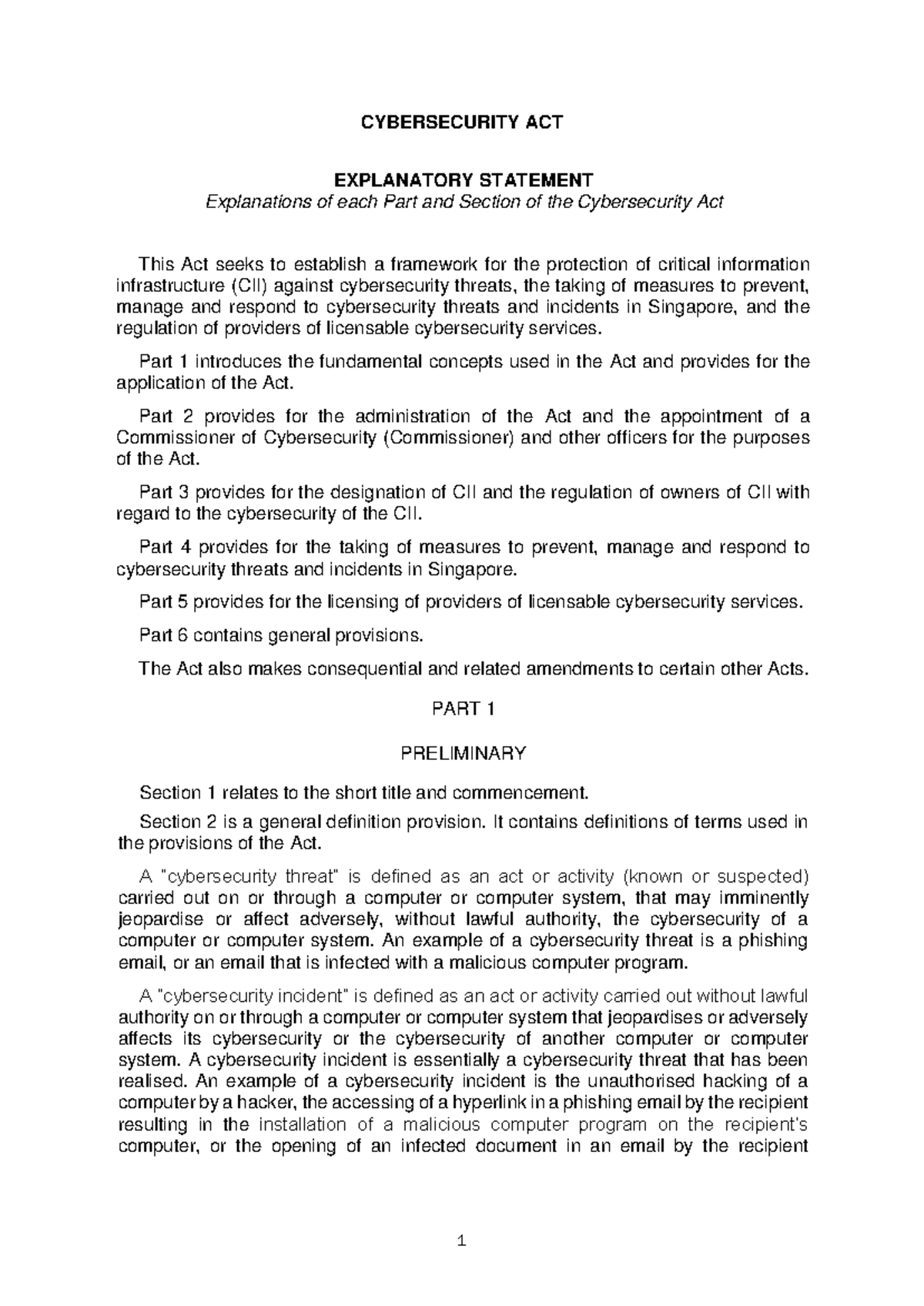 Cybersecurity Act Explanatory Statement - CYBERSECURITY ACT EXPLANATORY ...