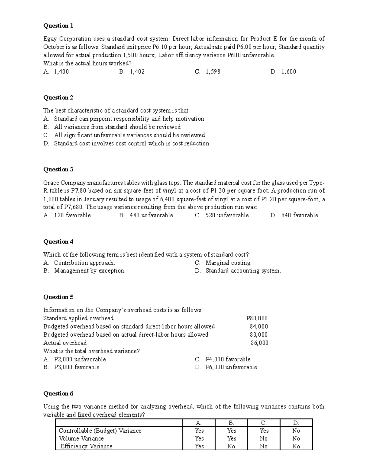 Acctg 7 Game: Standard Costing & Variance Analysis Quiz - Studocu