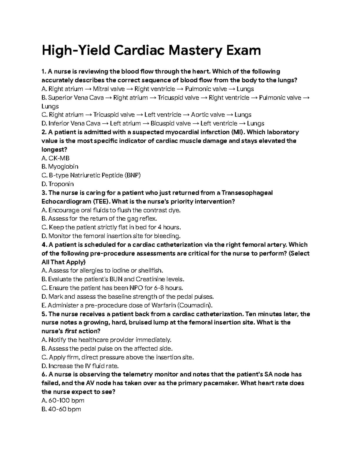 Cardiac Exam NCLEX ATI Mastery: Blood Flow & Heart Conditions - Studocu