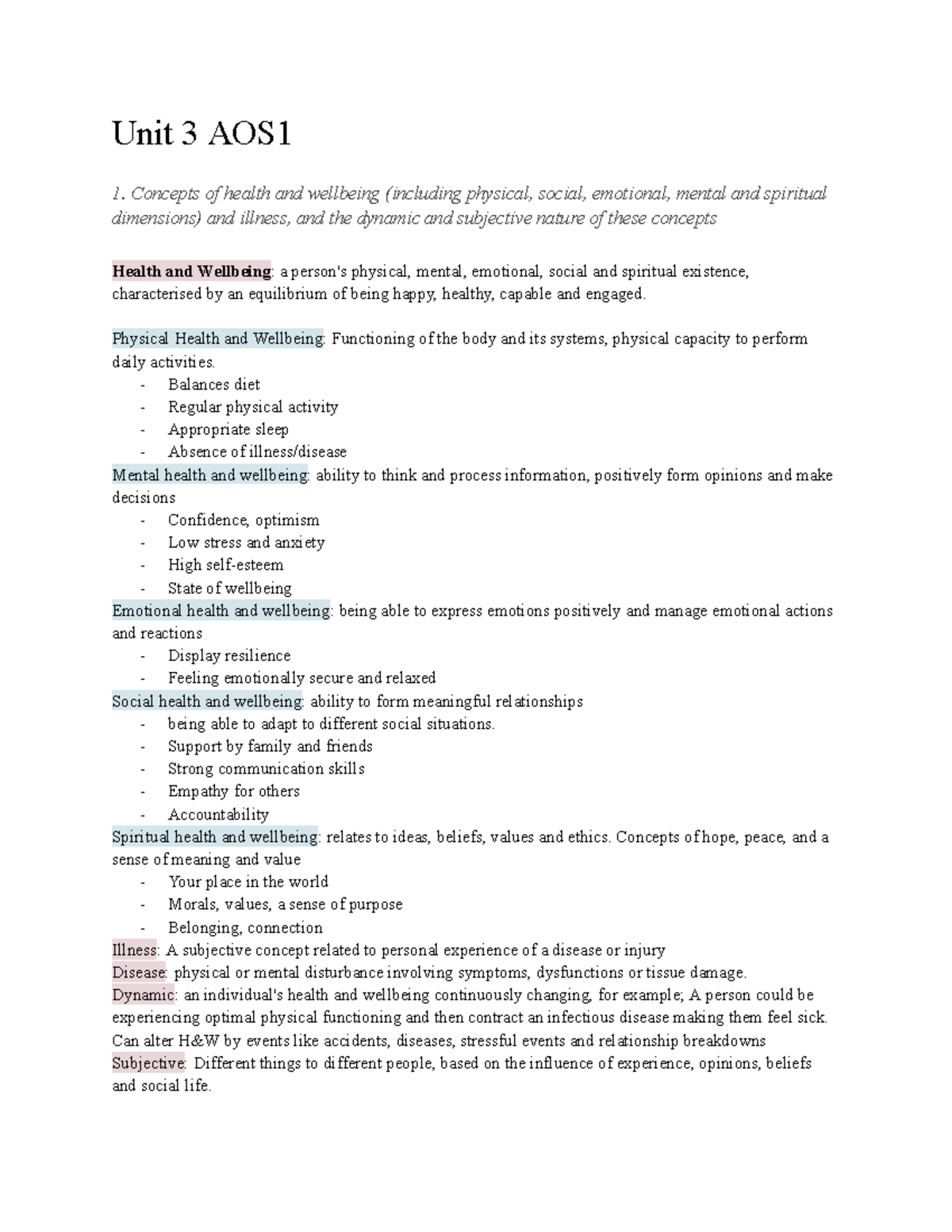 HHD Study Notes - Unit 3 AOS 1. Concepts of health and wellbeing ...