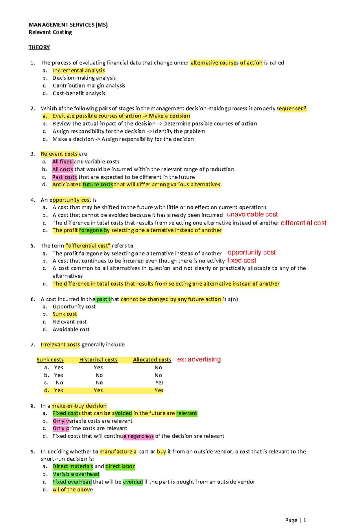 MANAGEMENT SERVICES (MS) Relevant Costing Study Guide - Studocu