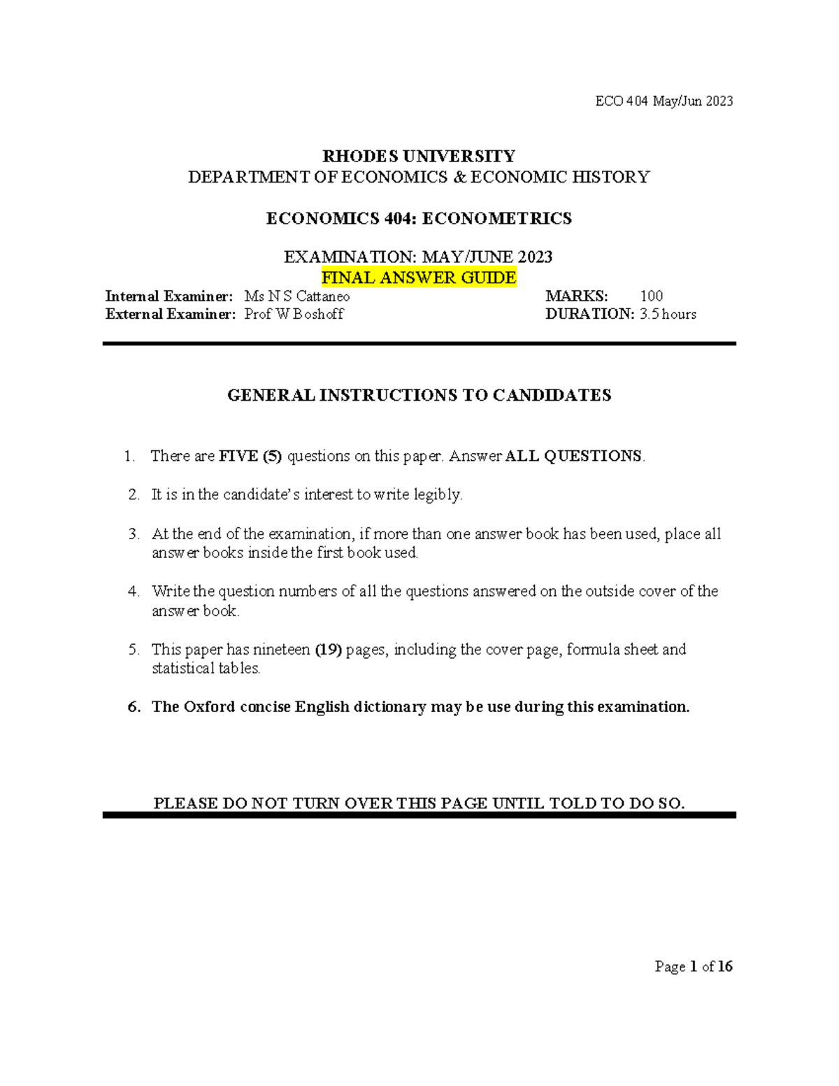 Economics 404: Econometrics Final Exam 2023 Answer Guide (Q1-3) - Studocu