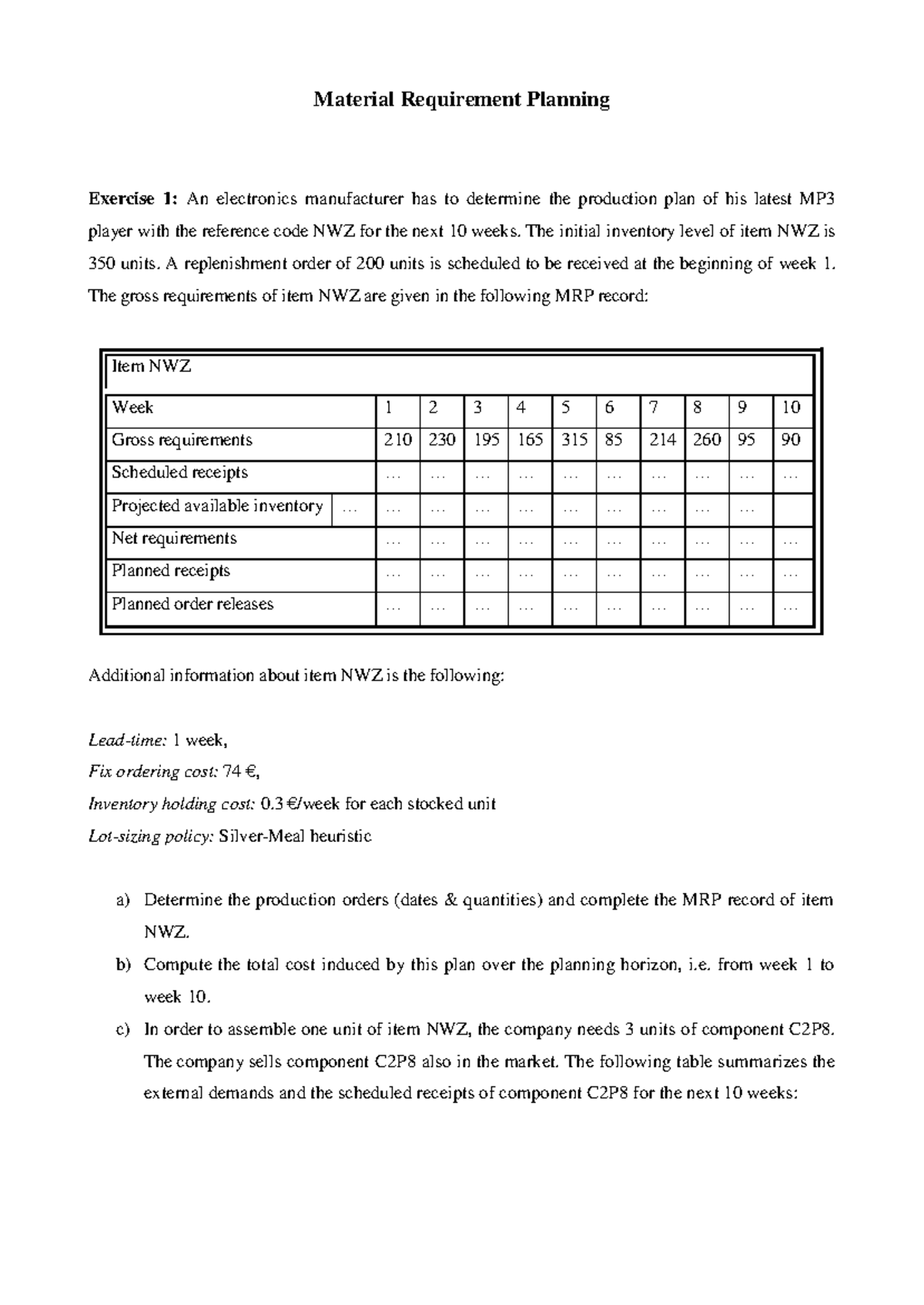 Material Requirement Planning Exercise 1: Production Plan for NWZ ...