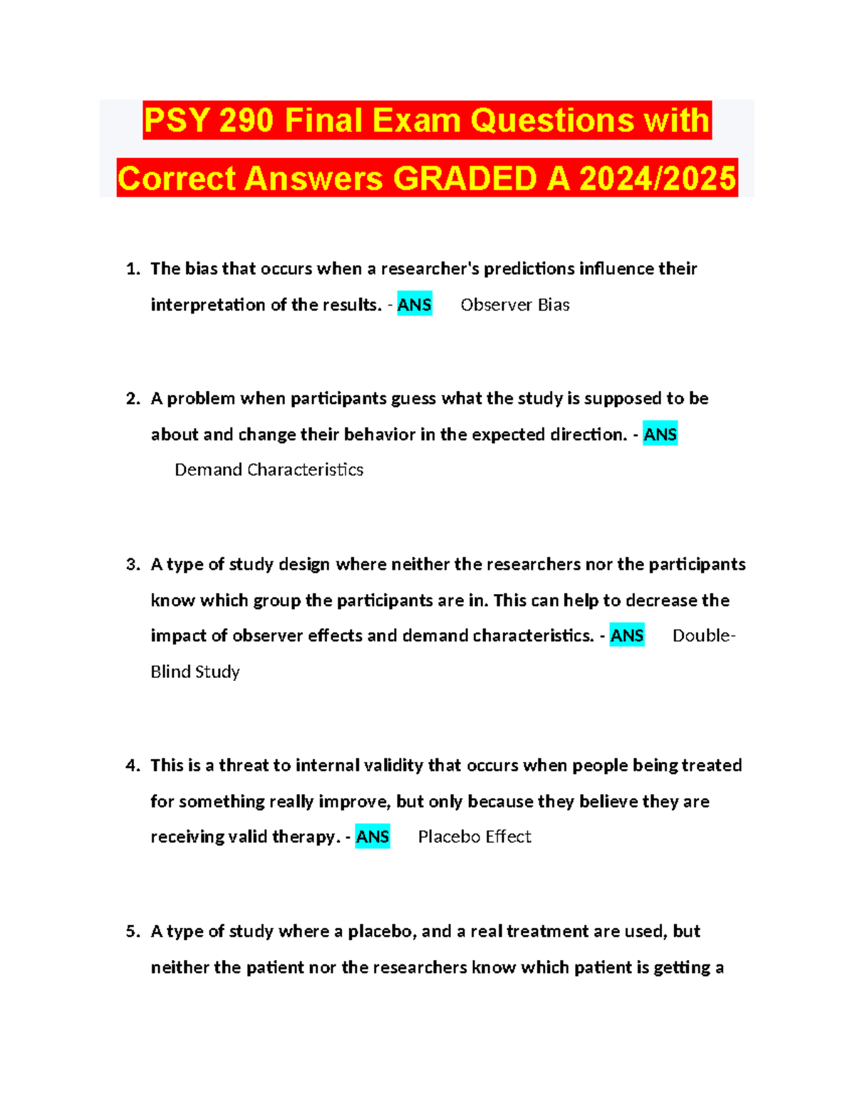PSY 290 Final Exam Questions with Correct Answers Graded A 2024 - PSY ...