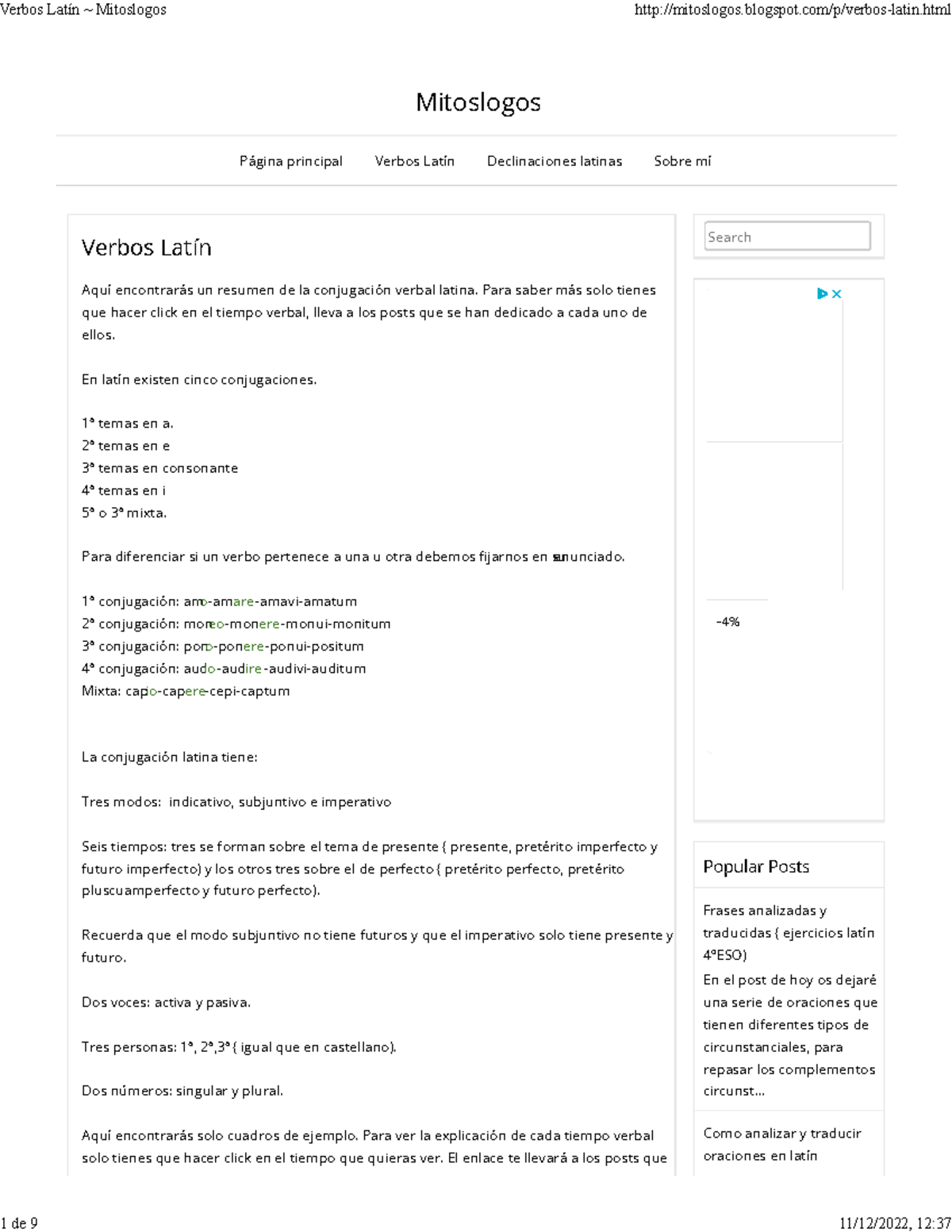 Resumen de la Conjugación Verbal en Latín - Mitoslogos - Studocu