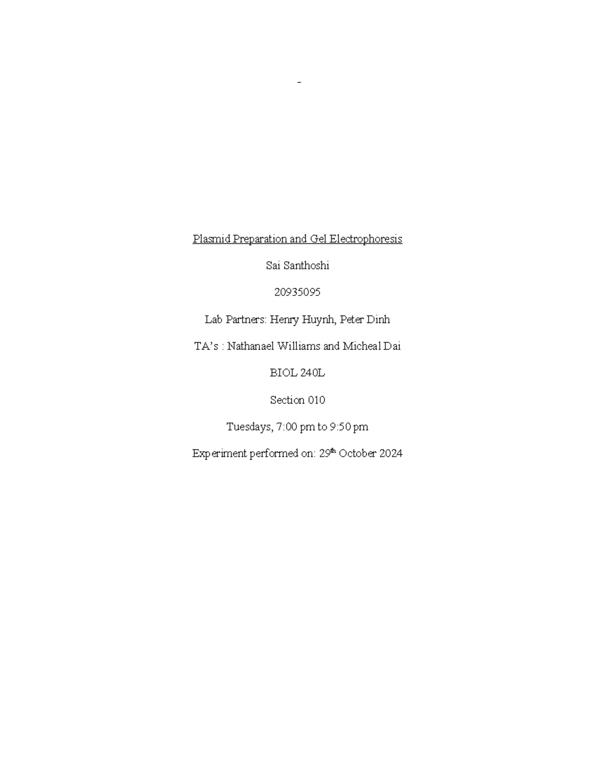 BIOL 240L Lab Report 2: Plasmid Preparation & Gel Electrophoresis - Studocu